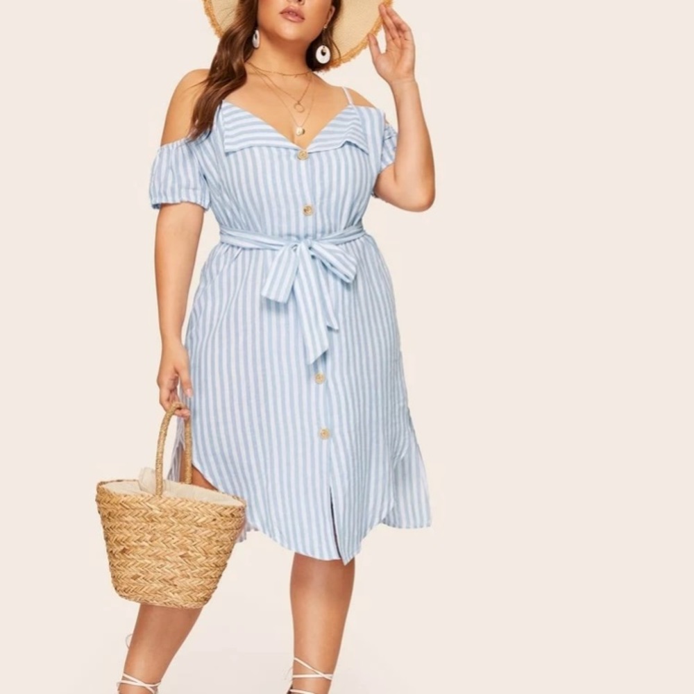 Cold Shoulder Stripped Shirt Dress